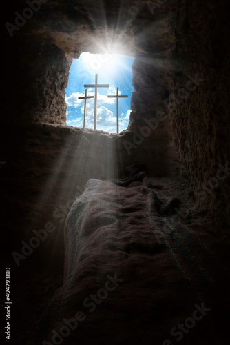 Fotografie Easter morning, Golgotha hill with silhouettes of the cross,