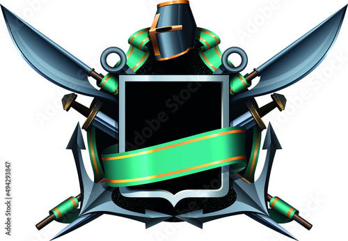 colored coat of arms with helmet, shield, arms and ribbon