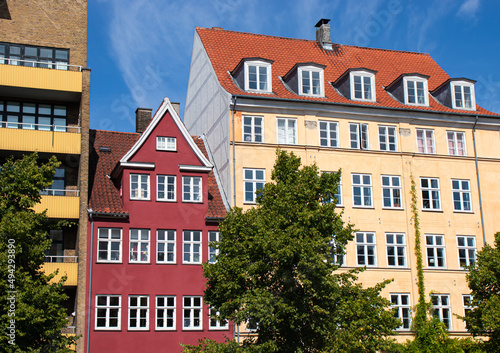 Copenhagen Denmark colorful facades of old houses Christianshavn canal. High quality photo