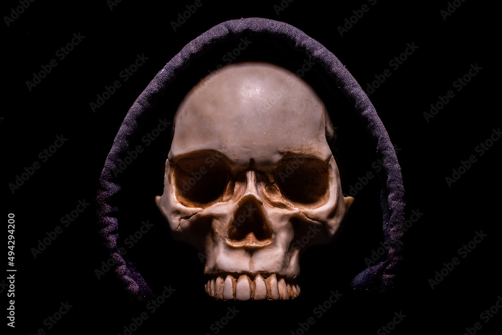 Skull on a black background in a hood Skull on a black background in a hood