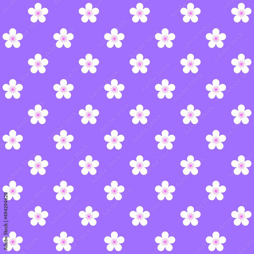 White sakura pattern on purple background. White Japanese flowers pattern. Cherry blossom background. White sakura pattern on purple background. White Japanese flowers pattern. Cherry blossom background.