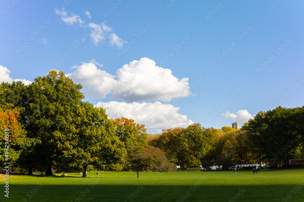 Clouds float over the rows of trees around the Sheep Meadow in Central Park in autumn on November 03, 2021 in New York City NY USA. 