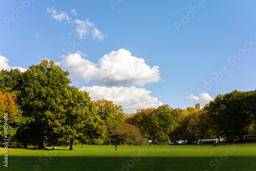 Clouds float over the rows of trees around the Sheep Meadow in Central Park in autumn on November 03, 2021 in New York City NY USA. 