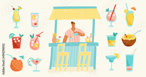 Collection of tropical cocktails in trendy retro style. Vector illustration of alcoholic summer drinks with a beach bar and a male bartender.