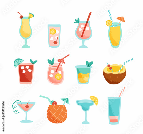 Vector set of tropical cocktails. Collection of hand drawn drinks for summertime in trendy retro style. Isolated design elements on white background.