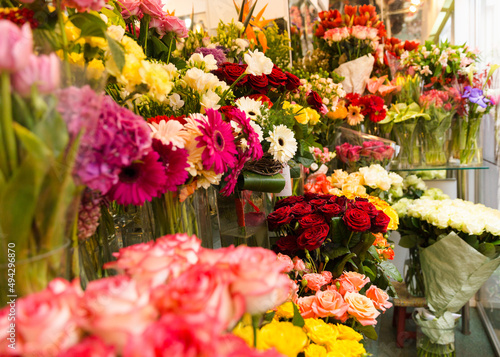 beautiful bright interior of a flower shop in Ukraine with bouquets collected by professional florists