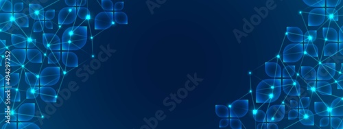 Vector blue neon frame background. Design transparent glass petals, geometric shapes. Texture plexus digital network. Connect lines, dot, glowing stars. Poster technology, medicine, science, business.