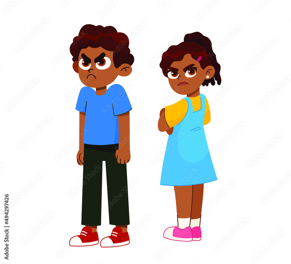 Vector illustration of a very angry boy and girl standing in a pose, arms crossed, with a disgruntled look on them face. aggressive children 

