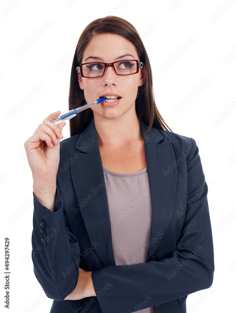Whats my next move. Studio shot of a young businesswoman thinking isolated on white. Whats my next move. Studio shot of a young businesswoman thinking isolated on white.