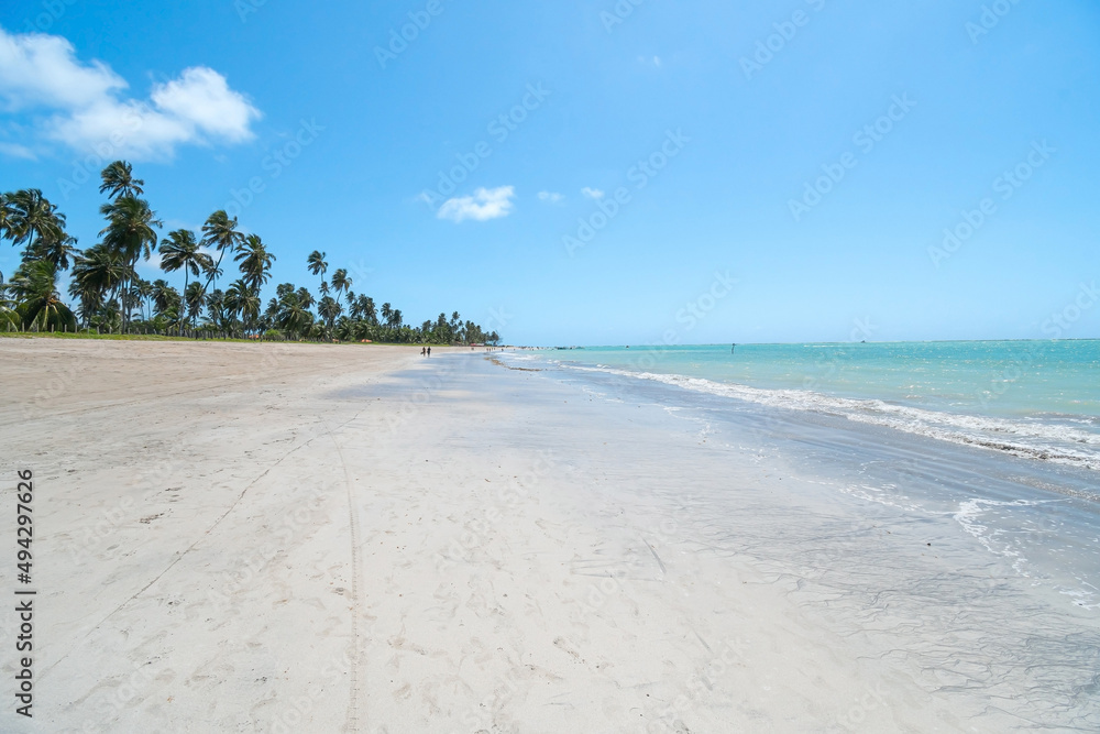 Wide view of Barra Grande beach of Maragogi - AL, Brazil. The sand strip and the blue sea on a beautiful blue sky day at the tourist destination of Alagoas state, brazilian coast. Wide view of Barra Grande beach of Maragogi - AL, Brazil. The sand strip and the blue sea on a beautiful blue sky day at the tourist destination of Alagoas state, brazilian coast.