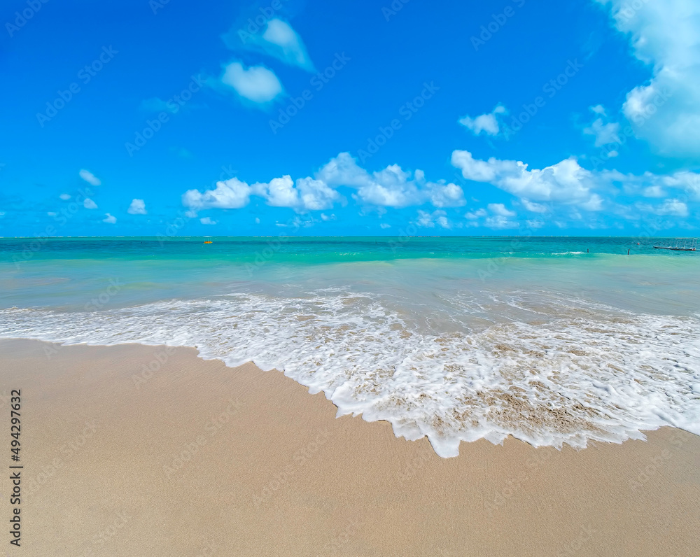 Fototapeta premium Beautiful landscape with the sea water hitting the sand of the beach calmly on a beautiful sea beach in cyan tones on a beautiful blue sky day. Barra Grande beach, Maragogi - AL, Brazil.