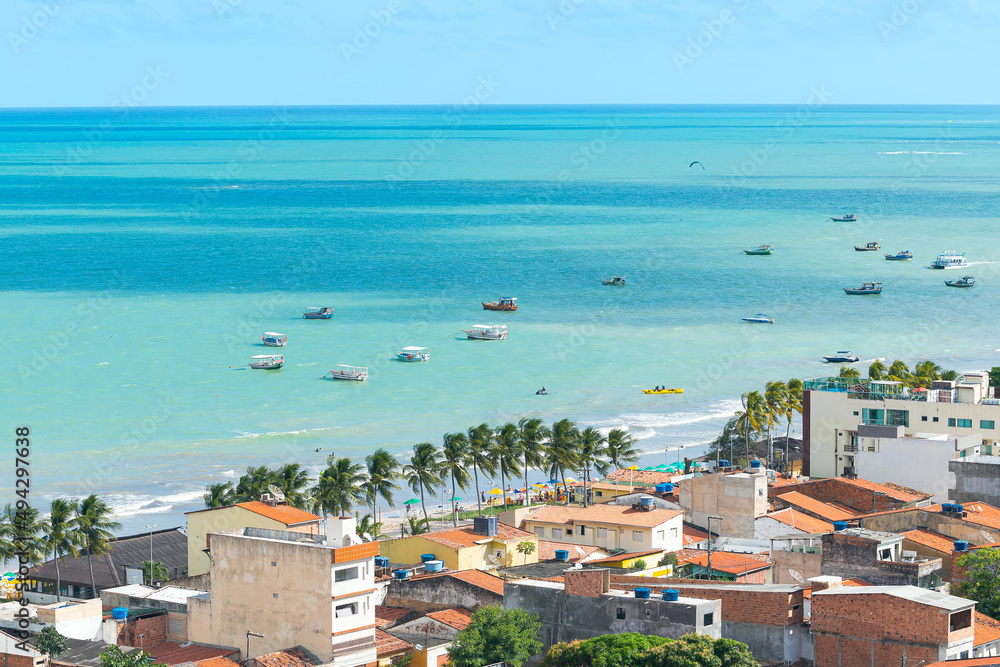 Aerial view of Maragogi, AL, Brazil. Landscape of the city and the Maragogi beach, famous tourist destination of the brazilian coast.