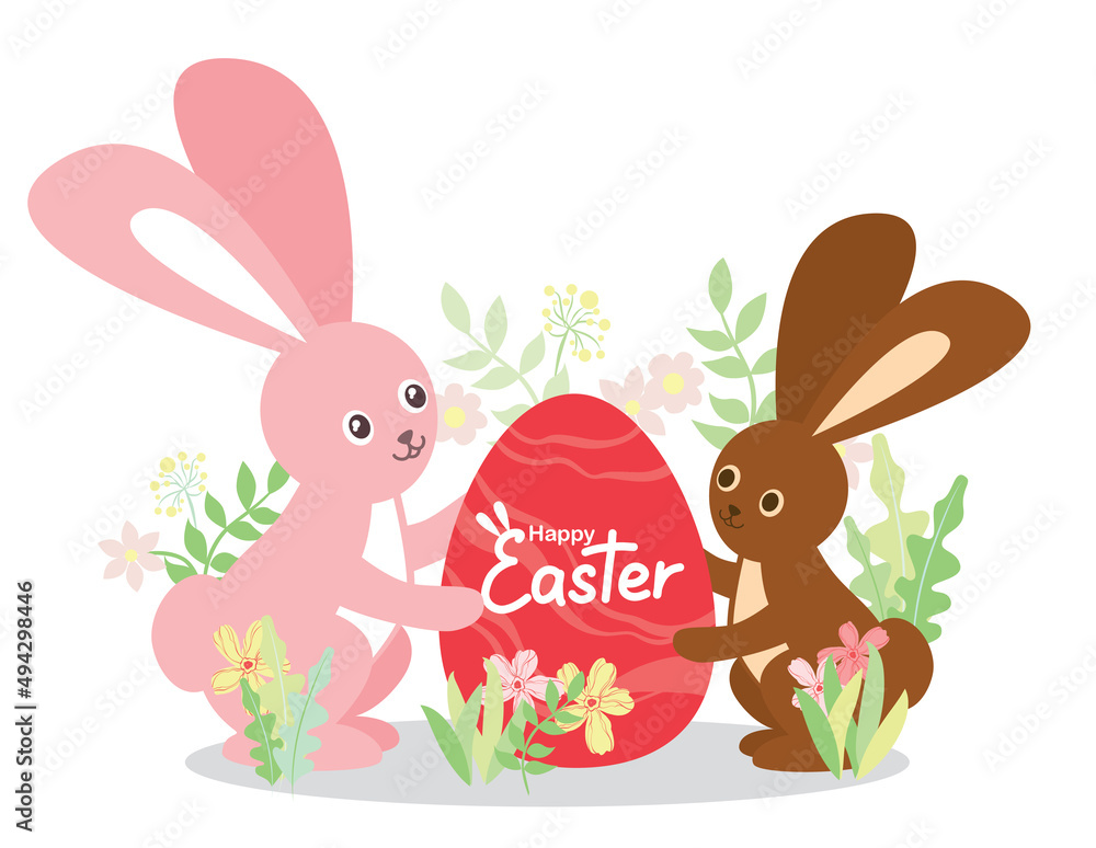 Fototapeta premium Chocolate bunny and Easter bunny are holding an egg