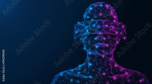 Metaverse, a person wearing virtual reality cyber glasses. Low-poly design of interconnected lines and dots.