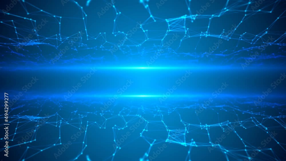 Animated intro, neon frame. Pattern of moving plexus lines and dots, glowing stars. Field from graphic grid. World Wide Web. Bright ray light, energy. Cosmic path. Technology medicine, business. 4k