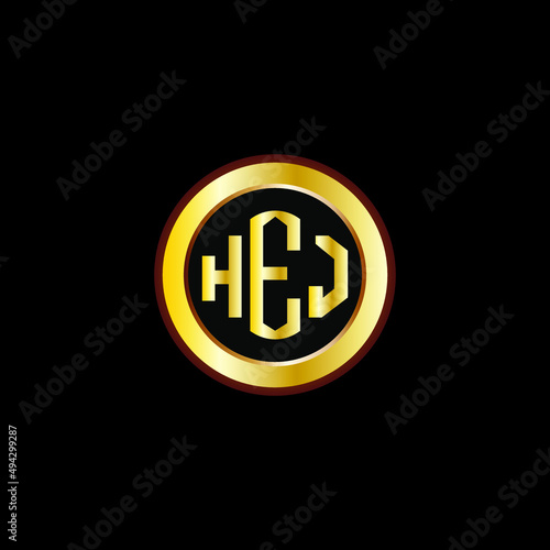 HEJ letter circle logo design. HEJ letter logo design with black background. HEJ creative letter logo with gold colors.
