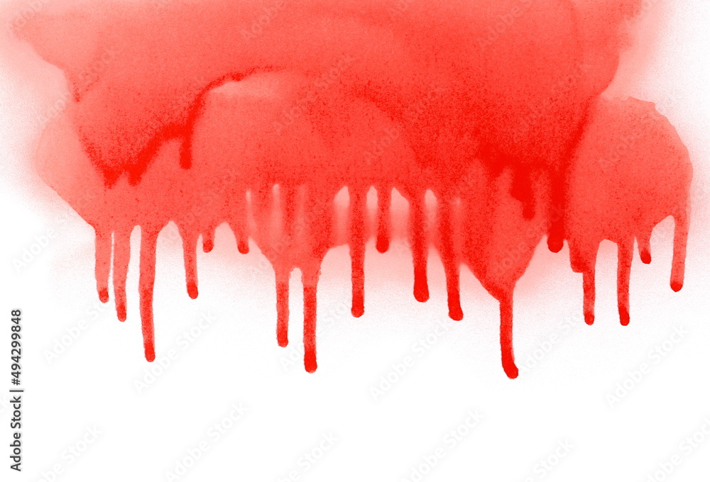 Red spray stain dripping drops isolated on white, photo with clipping path