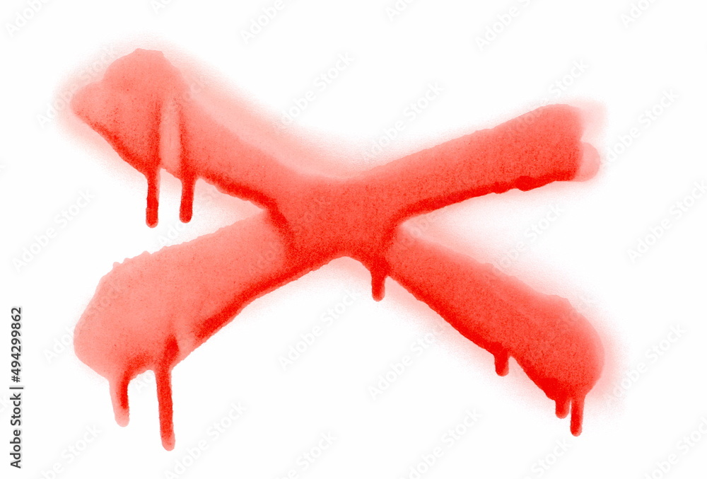 Red spray stain in crossed out, x drawing isolated on white Stock