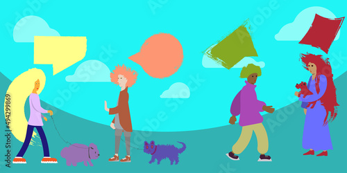 Communication of a group of people with animals with a speech bubble about. Illustrated with Animals. Projects, News, Media, Social Network, Dialogue, Speech Bubbles. Flat vector illustration