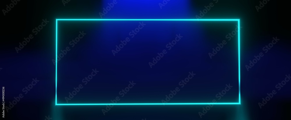 Glowing green frame in blue fog. Neon rectangle with digital laser glow 3d render. Futuristic synthwave marketing billboard with colorful dark gradient