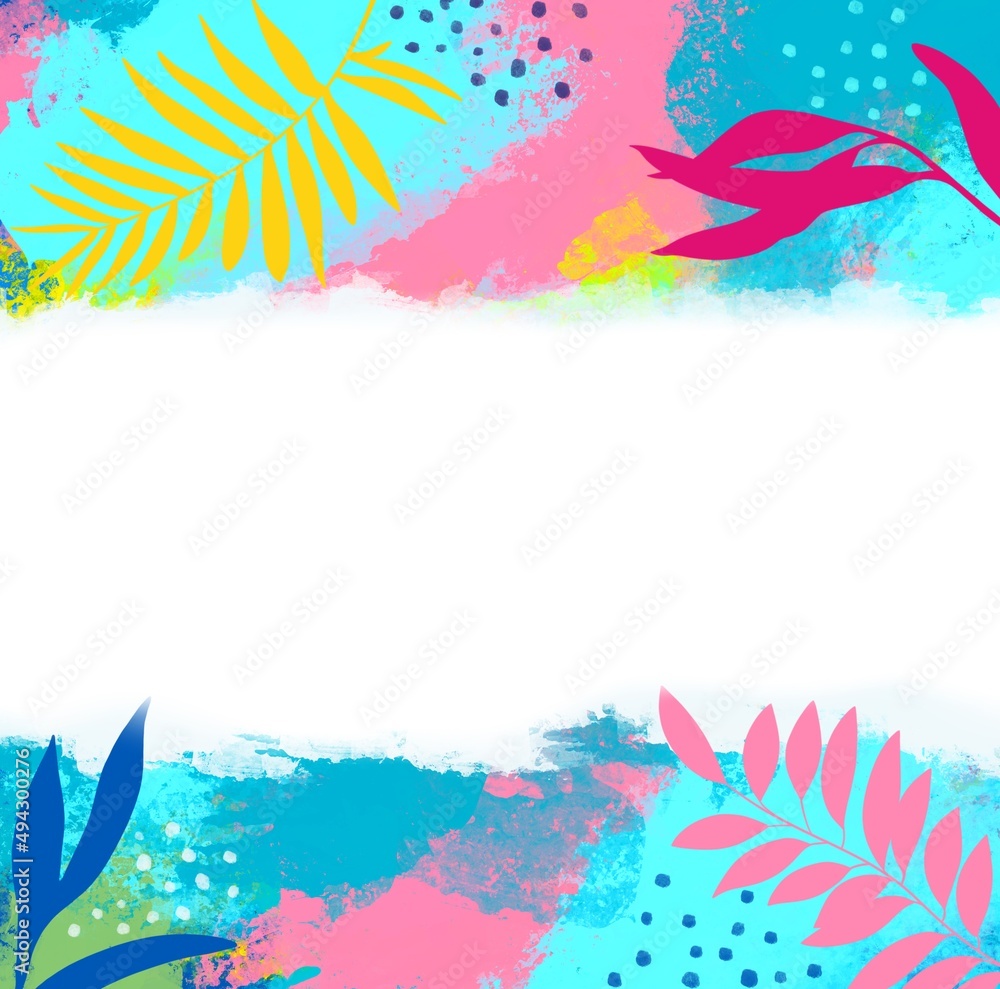 Bright abstract background of palm tree and plants in doodle and memphis style trendy colors cyan blue yellow green magenta pink in tropical style for print card or website with place for text	