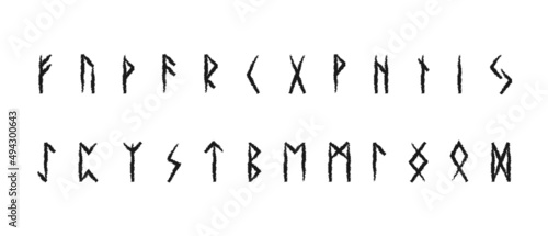 Scandinavian runes drawn with grunge. Black symbols of letters of ancient germans and norwegians. Ettir hieroglyphic alphabet with clinographic vector futhark