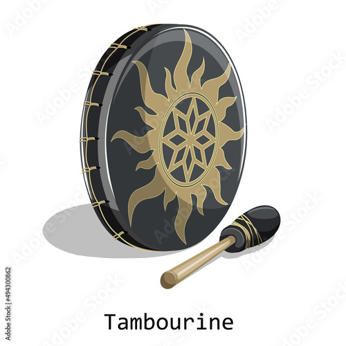 Vector image of a standing tambourine with a mallet lying next to it, isolated on a white background. In cartoon style. EPS 10