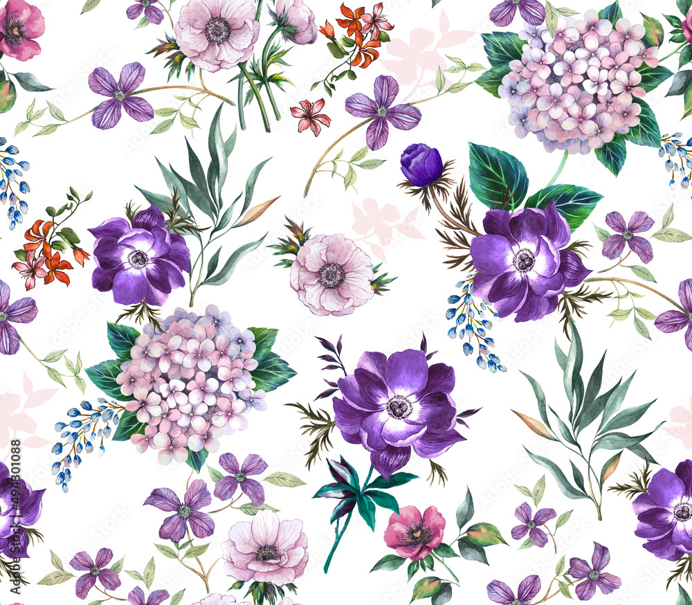 Bright feminine watercolor botanical floral fashionable stylish pattern with peony and anemone flowers and with hydrangeas on a white background.