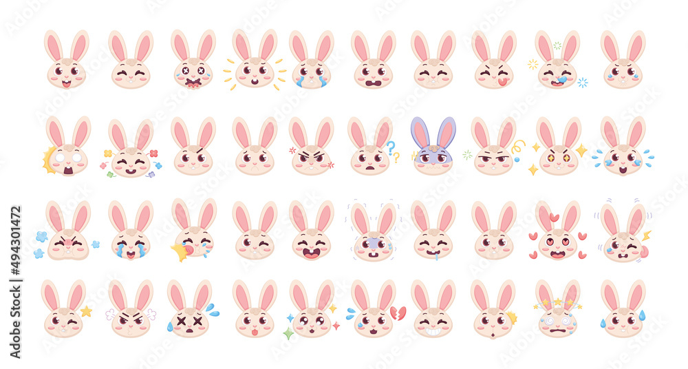 Set of rabbit cartoon avatars with different expressions Vector illustration Set of rabbit cartoon avatars with different expressions Vector illustration