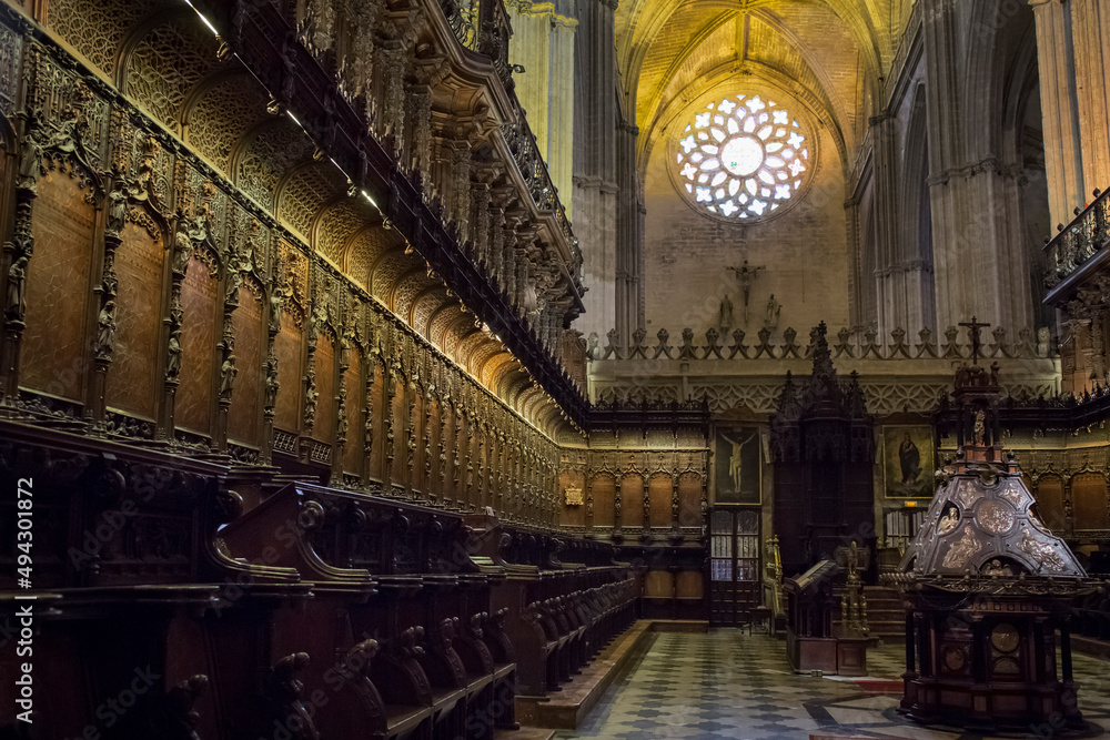 The wooden Sevilla's Cathedral choir stalls