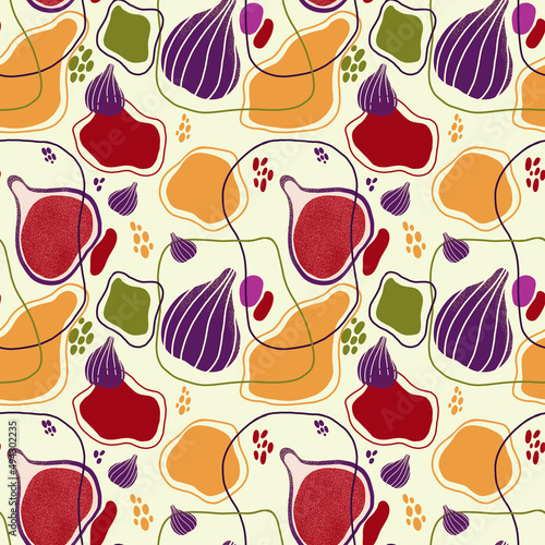 figs and dots abstract seamless pattern, hand drawn botanic wallpaper, colorful background