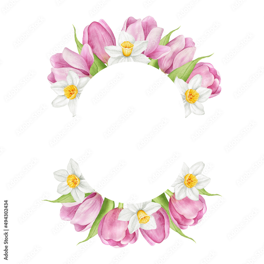 Watercolor hand painted wreath. Pink tulip and daffodil flowers. Botanical spring blossom. Floral arrangement. Frame for wedding invitation and card.