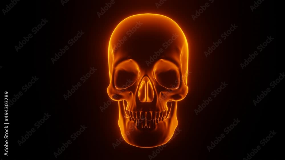 Glowing orange human skull consists of square particles, nods three times, and then zooms in and enlarges so much that only the eye sockets and part of the nose are visible. haunting animation on Glowing orange human skull consists of square particles, nods three times, and then zooms in and enlarges so much that only the eye sockets and part of the nose are visible. haunting animation on