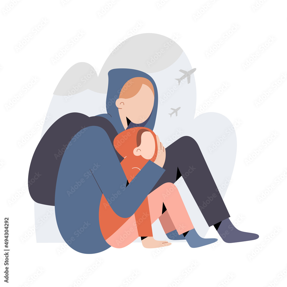 Refugees, mother hugging, consoling her daughter, homeless parent and child sitting on the floor, refugees fleeing away, escaping war conflict, cartoon characters, editable vector illustration