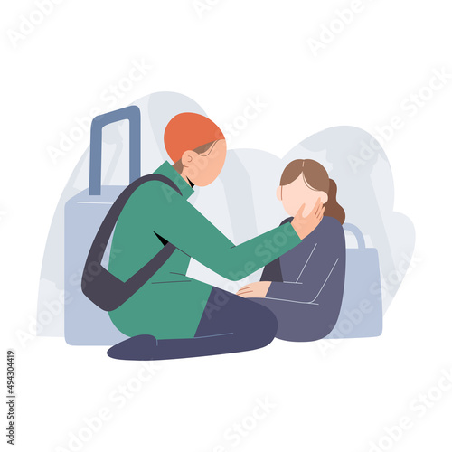 Female refugees, mother consoling daughter, parent and child sitting on the floor, refugees flee from war conflict, seeking for shelter, editable vector illustration, cartoon characters