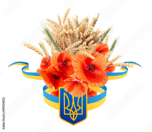 Composition with state emblem of Ukraine, poppy flowers and wheat spikelets isolated on white
