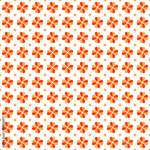 Orange and light orange clover leaves on white background pattern. Orange heart shape pattern on white backdrop.