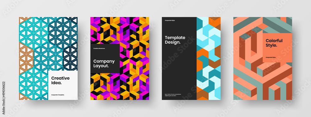 Bright front page A4 design vector concept bundle. Premium geometric shapes corporate cover illustration set.