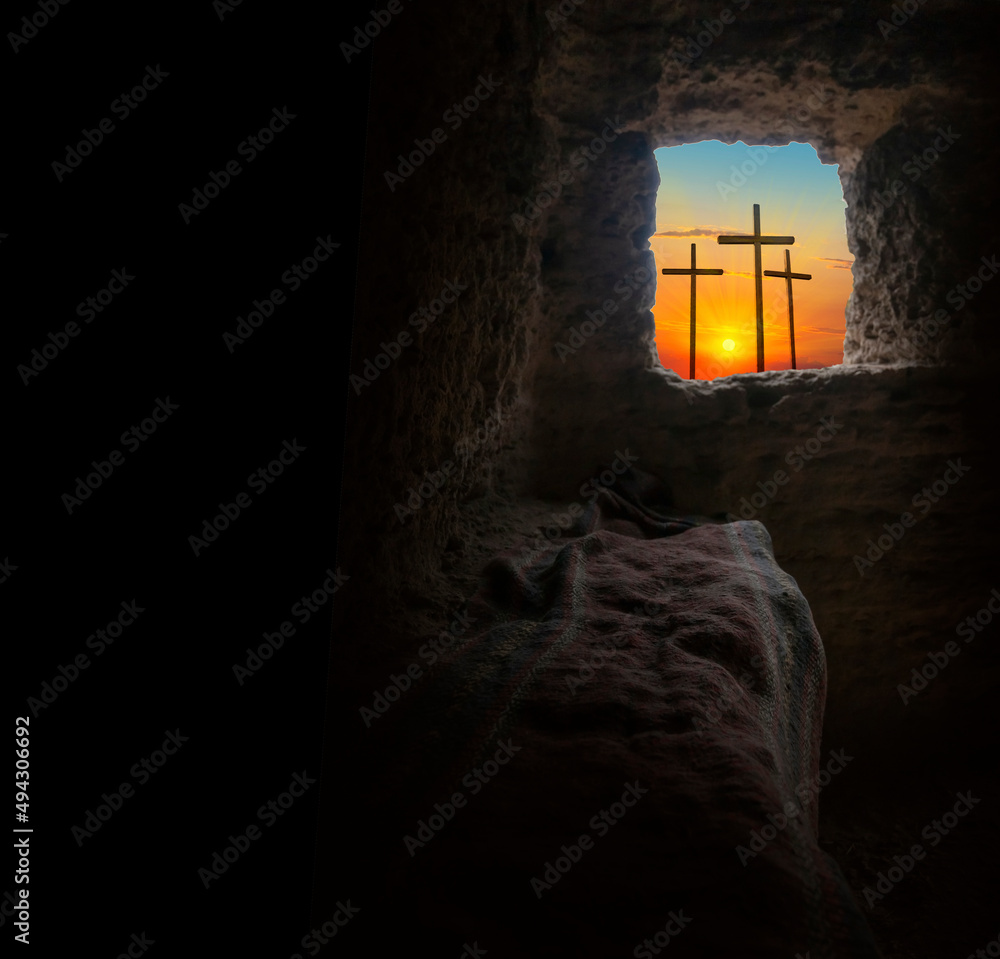 Easter morning, Golgotha hill with silhouettes of the cross, - obrazy, fototapety, plakaty 