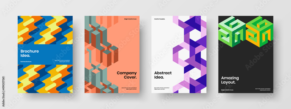 Obraz premium Multicolored geometric pattern poster template bundle. Colorful magazine cover A4 vector design layout composition.