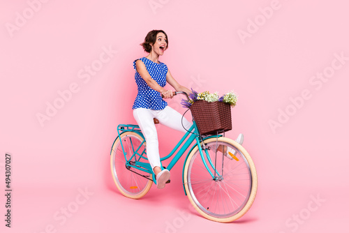 Full length photo of impressed millennial brunette lady ride bicycle wear blouse pants shoes isolated on pink background © deagreez