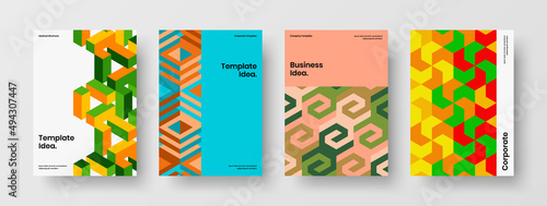 Unique mosaic hexagons corporate brochure concept set. Creative book cover A4 design vector illustration bundle.
