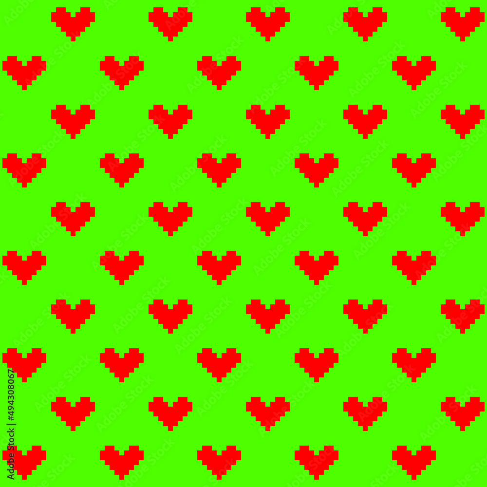 8 bit red hearts pattern on green background. Graphic red hearts on green backdrop. Love symbols on Valentine's day. 8 bit red hearts pattern on green background. Graphic red hearts on green backdrop. Love symbols on Valentine's day.