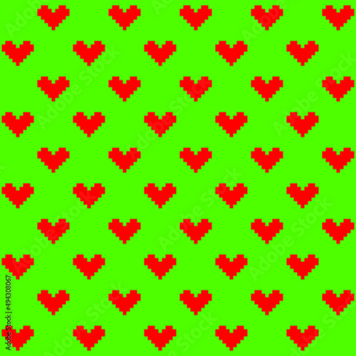 8 bit red hearts pattern on green background. Graphic red hearts on green backdrop. Love symbols on Valentine's day.