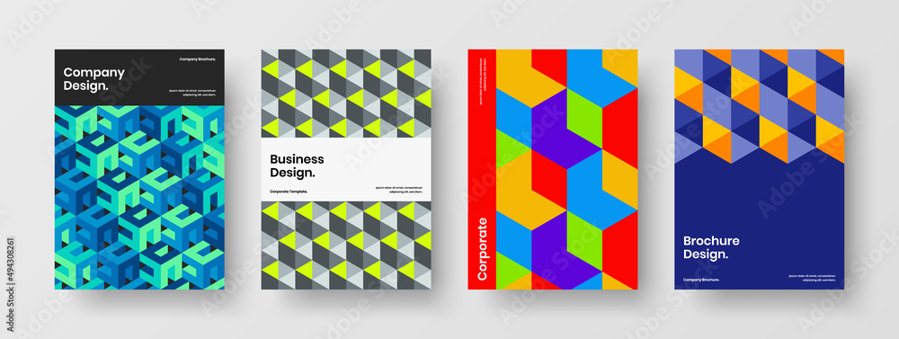 Trendy front page A4 design vector illustration composition. Simple mosaic hexagons corporate cover layout collection.
