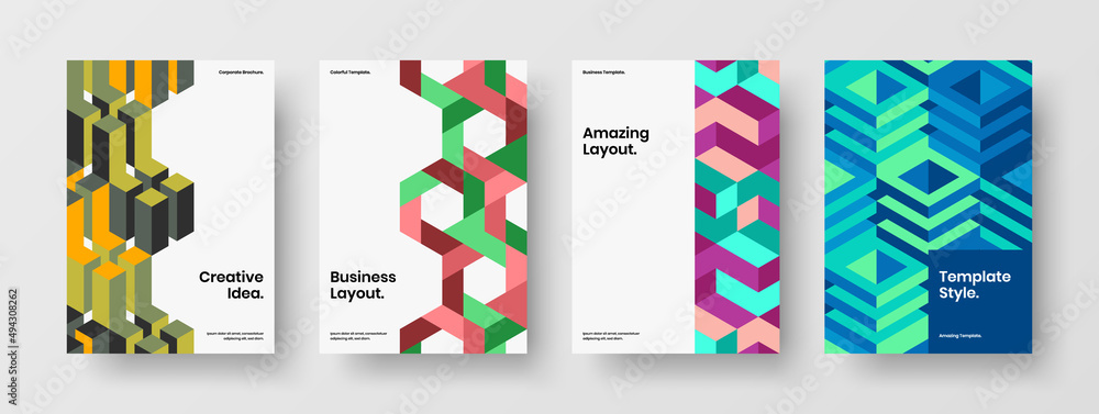 Obraz premium Original geometric hexagons brochure layout bundle. Minimalistic company cover A4 design vector concept set.