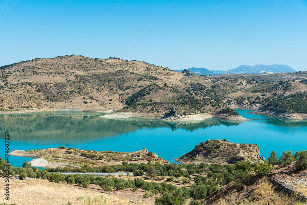Zahara-El Gastor Reservoir among the mountains of the Sierra de Grazalema Natural Park , Zahara de la Sierra, Cadiz province, Andalusia, Spain