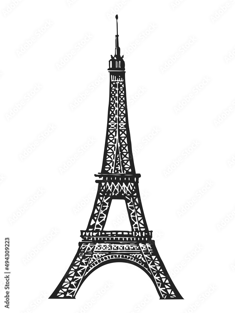 French Eiffel tower sketch engraving vector illustration. France, Paris symbol hand drawn image