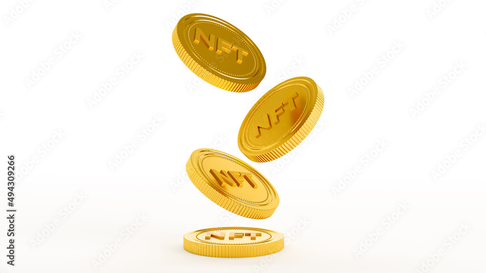 Nft - non fungible token concept. 3D render of NFT golden coins on white background - obrazy, fototapety, plakaty 