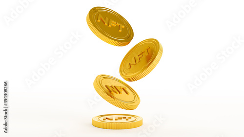 Nft - non fungible token concept. 3D render of NFT golden coins on white background photo